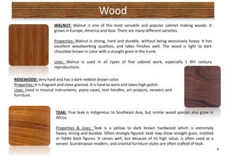 Wood
                      WALNUT: Walnut is one of the most versatile and popular cabinet making woods. It
                      grows in Europe, America and Asia. There are many different varieties.

                      Properties: Walnut is strong, hard and durable, without being excessively heavy. It has
                      excellent woodworking qualities, and takes finishes well. The wood is light to dark
                      chocolate brown in color with a straight grain in the trunk.

                      Uses: Walnut is used in all types of fine cabinet work, especially 1 8th century
                      reproductions.

ROSEWOOD: Very hard and has a dark reddish brown color.
Properties: It is fragrant and close grained. It is hard to work and takes high polish.
Uses: Used in musical instruments, piano cases, tool handles, art projects, veneers and
furniture.


                       TEAK: True teak is indigenous to Southeast Asia, but similar wood species also grow in
                       Africa.

                       Properties & Uses: Teak is a yellow to dark brown hardwood which is extremely
                       heavy, strong and durable. Often strongly figured, teak may show straight grain, mottled
                       or fiddle back figures. It carves well, but because of its high value, is often used as a
                       veneer. Scandinavian modern, and oriental furniture styles are often crafted of teak.
                                                                                                                   8
 
