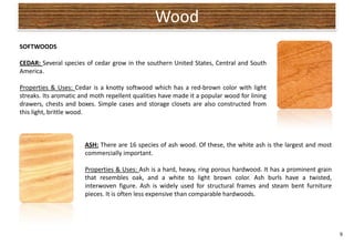 Wood
SOFTWOODS

CEDAR: Several species of cedar grow in the southern United States, Central and South
America.

Properties & Uses: Cedar is a knotty softwood which has a red-brown color with light
streaks. Its aromatic and moth repellent qualities have made it a popular wood for lining
drawers, chests and boxes. Simple cases and storage closets are also constructed from
this light, brittle wood.



                       ASH: There are 16 species of ash wood. Of these, the white ash is the largest and most
                       commercially important.

                       Properties & Uses: Ash is a hard, heavy, ring porous hardwood. It has a prominent grain
                       that resembles oak, and a white to light brown color. Ash burls have a twisted,
                       interwoven figure. Ash is widely used for structural frames and steam bent furniture
                       pieces. It is often less expensive than comparable hardwoods.




                                                                                                                 9
 