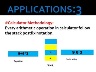 #Calculator Methodology:
Every arithmetic operation in calculator follow
the stack postfix notation.
*
+
9 6 39+6*3
Equation
Postfix string
Stack
 