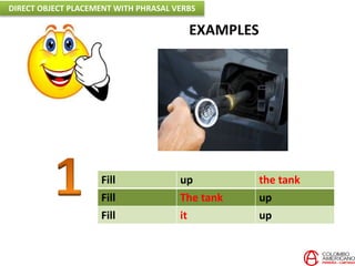 EXAMPLES
Fill up the tank
Fill The tank up
Fill it up
DIRECT OBJECT PLACEMENT WITH PHRASAL VERBS
 