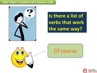 Is there a list of
verbs that work
the same way?
Of course
DIRECT OBJECT PLACEMENT WITH PHRASAL VERBS
 