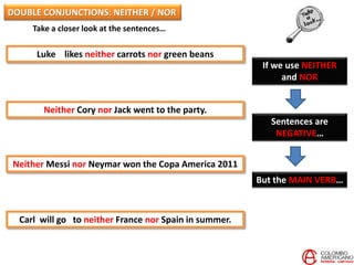 Take a closer look at the sentences…
Luke likes neither carrots nor green beans
Neither Cory nor Jack went to the party.
Neither Messi nor Neymar won the Copa America 2011
Carl will go to neither France nor Spain in summer.
If we use NEITHER
and NOR
Sentences are
NEGATIVE…
But the MAIN VERB…
DOUBLE CONJUNCTIONS: NEITHER / NOR
 