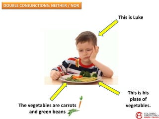 This is Luke
This is his
plate of
vegetables.The vegetables are carrots
and green beans
DOUBLE CONJUNCTIONS: NEITHER / NOR
 