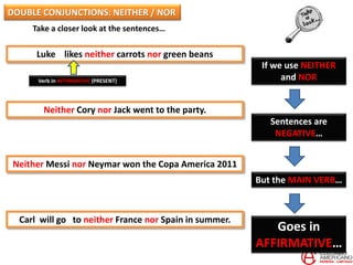 Take a closer look at the sentences…
Luke likes neither carrots nor green beans
Neither Cory nor Jack went to the party.
Neither Messi nor Neymar won the Copa America 2011
Carl will go to neither France nor Spain in summer.
If we use NEITHER
and NOR
Sentences are
NEGATIVE…
But the MAIN VERB…
Goes in
AFFIRMATIVE…
DOUBLE CONJUNCTIONS: NEITHER / NOR
Verb in AFFIRMATIVE (PRESENT)
 
