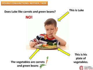 This is Luke
This is his
plate of
vegetables.The vegetables are carrots
and green beans
Does Luke like carrots and green beans?
NO!
DOUBLE CONJUNCTIONS: NEITHER / NOR
 