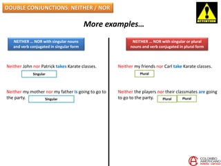 DOUBLE CONJUNCTIONS: NEITHER / NOR
More examples…
NEITHER … NOR with singular nouns
and verb conjugated in singular form
NEITHER … NOR with singular or plural
nouns and verb conjugated in plural form
Neither John nor Patrick takes Karate classes.
Neither my mother nor my father is going to go to
the party.
Neither my friends nor Carl take Karate classes.
Neither the players nor their classmates are going
to go to the party.
Plural
PluralPlural
Singular
Singular
 