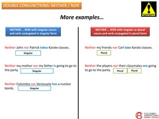 DOUBLE CONJUNCTIONS: NEITHER / NOR
More examples…
NEITHER … NOR with singular nouns
and verb conjugated in singular form
NEITHER … NOR with singular or plural
nouns and verb conjugated in plural form
Neither John nor Patrick takes Karate classes.
Neither my mother nor my father is going to go to
the party.
Neither Colombia nor Venezuela has a nuclear
bomb.
Neither my friends nor Carl take Karate classes.
Neither the players nor their classmates are going
to go to the party.
Plural
PluralPlural
Singular
Singular
Singular
 