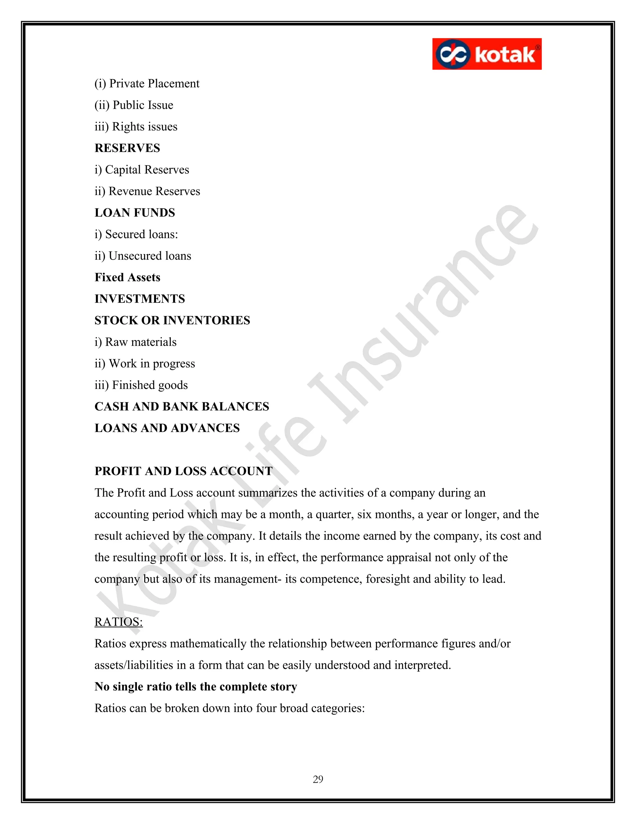 (i) Private Placement
(ii) Public Issue
iii) Rights issues
RESERVES
i) Capital Reserves
ii) Revenue Reserves
LOAN FUNDS
i) Secured loans:
ii) Unsecured loans
Fixed Assets
INVESTMENTS
STOCK OR INVENTORIES
i) Raw materials
ii) Work in progress
iii) Finished goods
CASH AND BANK BALANCES
LOANS AND ADVANCES


PROFIT AND LOSS ACCOUNT
The Profit and Loss account summarizes the activities of a company during an
accounting period which may be a month, a quarter, six months, a year or longer, and the
result achieved by the company. It details the income earned by the company, its cost and
the resulting profit or loss. It is, in effect, the performance appraisal not only of the
company but also of its management- its competence, foresight and ability to lead.


RATIOS:
Ratios express mathematically the relationship between performance figures and/or
assets/liabilities in a form that can be easily understood and interpreted.
No single ratio tells the complete story
Ratios can be broken down into four broad categories:




                                               29
 