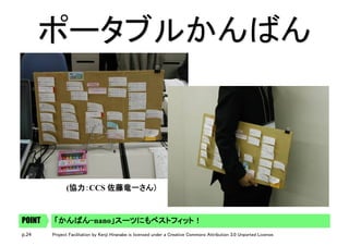 p.24 Project Facilitation by Kenji Hiranabe is licensed under a Creative Commons Attribution 3.0 Unported License.
「かんばん-nano」スーツにもベストフィット！	POINT
ポータブルかんばん	
(協力：CCS 佐藤竜一さん）	
 