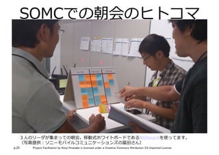 p.25 Project Facilitation by Kenji Hiranabe is licensed under a Creative Commons Attribution 3.0 Unported License.
SOMCでの朝会のヒトコマ
３⼈のリーダが集まっての朝会。移動式ホワイトボードであるNUboardを使ってます。
（写真提供：ソニーモバイルコミュニケーションズの冨⽥さん）
 