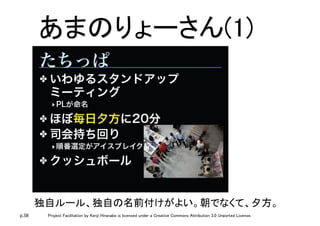 p.58 Project Facilitation by Kenji Hiranabe is licensed under a Creative Commons Attribution 3.0 Unported License.
あまのりょーさん(1)	
独自ルール、独自の名前付けがよい。朝でなくて、夕方。	
 