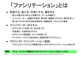 p.69 Project Facilitation by Kenji Hiranabe is licensed under a Creative Commons Attribution 3.0 Unported License.
「ファシリテーション」とは	
l  促進する、助ける、円滑にする、場を作る	
–  個人の能力を100%以上発揮する、チームの場作り	
–  ファシリテーター：会議の司会者、案内者、議論のプロセスに責任を持つ。	
–  例：街づくりのための市民合意形成、組織改革、プロジェクト推進	
l  ファシリテーターのスキル	
–  ホワイトボードの使い方、机の並べ方	
–  司会進行、合意形成プロセス	
–  ポストイットや模造紙、マジックの使い方	
–  アイスブレーキング（会の初めに緊張を解くアトラクション）	
l  プロジェクト･ファシリテーション（造語）	
–  プロジェクト（ソフトウェア開発を含む）の中でのファシリテーションのあり方	
PF は、ソフトウェア開発の中での「ファシリテーション」に注目しています。	POINT
 