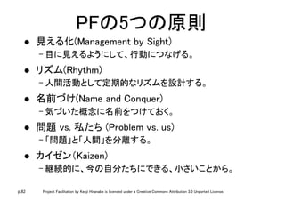 p.82 Project Facilitation by Kenji Hiranabe is licensed under a Creative Commons Attribution 3.0 Unported License.
PFの5つの原則	
l  見える化(Management by Sight)	
– 目に見えるようにして、行動につなげる。	
l  リズム(Rhythm)	
– 人間活動として定期的なリズムを設計する。	
l  名前づけ(Name and Conquer)	
– 気づいた概念に名前をつけておく。	
l  問題 vs. 私たち (Problem vs. us)	
– 「問題」と「人間」を分離する。	
l  カイゼン（Kaizen)	
– 継続的に、今の自分たちにできる、小さいことから。	
 