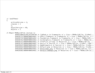 // !$*UTF8*$!
{
! archiveVersion = 1;
! classes = {
! };
! objectVersion = 46;
! objects = {
/* Begin PBXBuildFile section */
! ! 8A9D5590A3E24AC297598750 /* libPods.a in Frameworks */ = {isa = PBXBuildFile; fileRef...
! ! D94D3E72170B80FB00EA401C /* UIKit.framework in Frameworks */ = {isa = PBXBuildFile; f...
! ! D94D3E74170B80FB00EA401C /* Foundation.framework in Frameworks */ = {isa = PBXBuildFi...
! ! D94D3E76170B80FB00EA401C /* CoreGraphics.framework in Frameworks */ = {isa = PBXBuild...
! ! D94D3E7C170B80FB00EA401C /* InfoPlist.strings in Resources */ = {isa = PBXBuildFile; ...
! ! D94D3E7E170B80FB00EA401C /* main.m in Sources */ = {isa = PBXBuildFile; fileRef = D94...
! ! D94D3E82170B80FB00EA401C /* AppDelegate.m in Sources */ = {isa = PBXBuildFile; fileRe...
! ! D94D3E84170B80FB00EA401C /* Default.png in Resources */ = {isa = PBXBuildFile; fileRe...
! ! D94D3E86170B80FB00EA401C /* Default@2x.png in Resources */ = {isa = PBXBuildFile; fil...
! ! D94D3E88170B80FB00EA401C /* Default-568h@2x.png in Resources */ = {isa = PBXBuildFile...
Thursday, June 5, 14
 