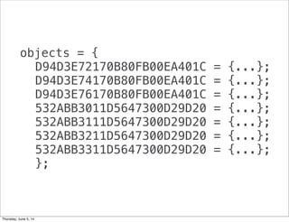 objects = {
D94D3E72170B80FB00EA401C = {...};
D94D3E74170B80FB00EA401C = {...};
D94D3E76170B80FB00EA401C = {...};
532ABB3011D5647300D29D20 = {...};
532ABB3111D5647300D29D20 = {...};
532ABB3211D5647300D29D20 = {...};
532ABB3311D5647300D29D20 = {...};
};
Thursday, June 5, 14
 
