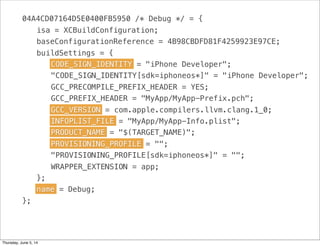 04A4CD07164D5E0400FB5950 /* Debug */ = {
! isa = XCBuildConfiguration;
! baseConfigurationReference = 4B98CBDFD81F4259923E97CE;
! buildSettings = {
! ! CODE_SIGN_IDENTITY = "iPhone Developer";
! ! "CODE_SIGN_IDENTITY[sdk=iphoneos*]" = "iPhone Developer";
! ! GCC_PRECOMPILE_PREFIX_HEADER = YES;
! ! GCC_PREFIX_HEADER = "MyApp/MyApp-Prefix.pch";
! ! GCC_VERSION = com.apple.compilers.llvm.clang.1_0;
! ! INFOPLIST_FILE = "MyApp/MyApp-Info.plist";
! ! PRODUCT_NAME = "$(TARGET_NAME)";
! ! PROVISIONING_PROFILE = "";
! ! "PROVISIONING_PROFILE[sdk=iphoneos*]" = "";
! ! WRAPPER_EXTENSION = app;
! };
! name = Debug;
};
PROVISIONING_PROFILE
PRODUCT_NAME
INFOPLIST_FILE
GCC_VERSION
CODE_SIGN_IDENTITY
name
Thursday, June 5, 14
 