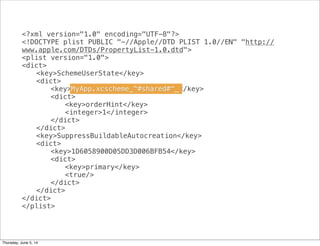 <?xml version="1.0" encoding="UTF-8"?>
<!DOCTYPE plist PUBLIC "-//Apple//DTD PLIST 1.0//EN" "http://
www.apple.com/DTDs/PropertyList-1.0.dtd">
<plist version="1.0">
<dict>
! <key>SchemeUserState</key>
! <dict>
! ! <key>MyApp.xcscheme_^#shared#^_</key>
! ! <dict>
! ! ! <key>orderHint</key>
! ! ! <integer>1</integer>
! ! </dict>
! </dict>
! <key>SuppressBuildableAutocreation</key>
! <dict>
! ! <key>1D6058900D05DD3D006BFB54</key>
! ! <dict>
! ! ! <key>primary</key>
! ! ! <true/>
! ! </dict>
! </dict>
</dict>
</plist>
MyApp.xcscheme_^#shared#^_
Thursday, June 5, 14
 