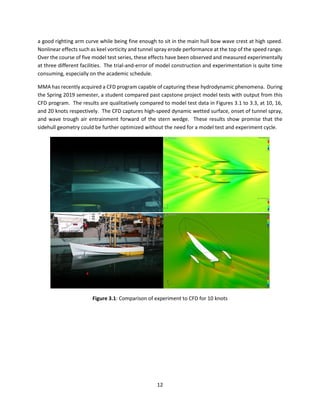 12
a good righting arm curve while being fine enough to sit in the main hull bow wave crest at high speed.
Nonlinear effects such as keel vorticity and tunnel spray erode performance at the top of the speed range.
Over the course of five model test series, these effects have been observed and measured experimentally
at three different facilities. The trial-and-error of model construction and experimentation is quite time
consuming, especially on the academic schedule.
MMA has recently acquired a CFD program capable of capturing these hydrodynamic phenomena. During
the Spring 2019 semester, a student compared past capstone project model tests with output from this
CFD program. The results are qualitatively compared to model test data in Figures 3.1 to 3.3, at 10, 16,
and 20 knots respectively. The CFD captures high-speed dynamic wetted surface, onset of tunnel spray,
and wave trough air entrainment forward of the stern wedge. These results show promise that the
sidehull geometry could be further optimized without the need for a model test and experiment cycle.
Figure 3.1: Comparison of experiment to CFD for 10 knots
 