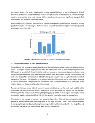5
the current design. The survey suggests that a cruise speed of 16 knots or less is sufficient for 92% of
fishermen, and a cruise speed of 14 knots or less is enough for 57%. If the adoption of a new hull design
could be accompanied by a small cultural shift in vessel speed, even more significant savings in fuel
consumption and emissions could be achieved.
Note that Figure 2.3 compares the trimaran to a moderately beamy traditional vessel considered to have
good efficiency for current designs. Performance vs. very wide boats following the recent design trend
will be even more favorable.
Figure 2.3: Fishermen response to survey for desired cruise speed.
2.2 Design Modifications to Meet Stability Criteria
The stability of the trimaran is largely dependent on the sidehull waterplane inertia and above-waterline
shape. During the original design process, MMA did not have the tools to generate righting arm curves
(GZ curves) for a multi-hull. Since the initial work was focused on resistance and power reduction, only
initial stability was assessed using the waterplane inertias, areas, and sidehull spacing. Unfortunately, the
wall-sided shape of the initial sidehulls did not make up lost buoyancy fast enough as the other sidehull
came out of the water. This shape led to an unexpected drop-off in righting arm at small angles, resulting
in unusual roll motions. The problem was exacerbated when scaling down to the 22 ft. prototype, as the
relative location of the center of gravity, KG, increased.
To address the issue, a new sidehull geometry was created to improve the small-angle stability while
maintaining the resistance characteristics measured in model tests of various sidehull size and position.
The new geometry increases cumulative righting energy by up to 55% at small angles, allowing the vessel
to meet the stability criteria for CFR 46 170.173, the weather criteria for vessels of unusual form.
The results of the change in geometry are shown in Figure 2.4. The left figure shows the sidehull
geometry, which has non-linear increasing beam as roll angle increases. Such a cross-section increases
low-angle righting arm and cumulative righting energy, but it must be balanced with a fine shape forward
to maintain low drag as the main hull bow wave reaches the sidehulls.
 
