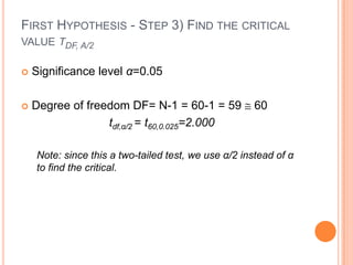 FIRST HYPOTHESIS - STEP 3) FIND THE CRITICAL
VALUE TDF, Α/2

   Significance level α=0.05

   Degree of freedom DF= N-1 = 60-1 = 59            60
                  tdf,α/2 = t60,0.025=2.000

    Note: since this a two-tailed test, we use α/2 instead of α
    to find the critical.
 