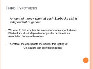 THIRD HYPOTHESIS

     Amount of money spent at each Starbucks visit is
     independent of gender.

•   We want to test whether the amount of money spent at each
    Starbucks visit is independent of gender or there is an
    association between these two.

•   Therefore, the appropriate method for this testing is:
                 Chi-square test on independence
 