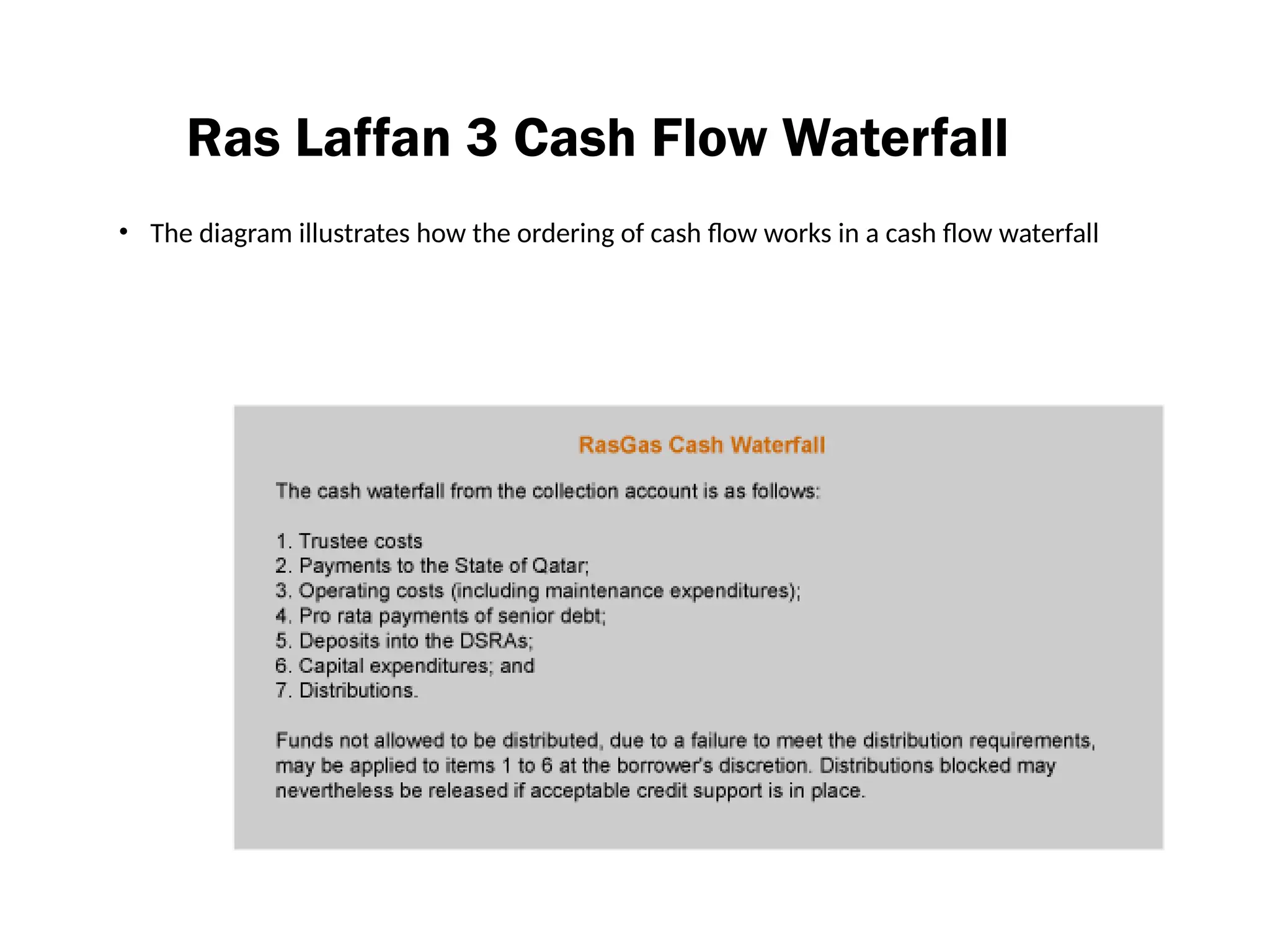 Ras Laffan 3 Cash Flow Waterfall
• The diagram illustrates how the ordering of cash flow works in a cash flow waterfall
 