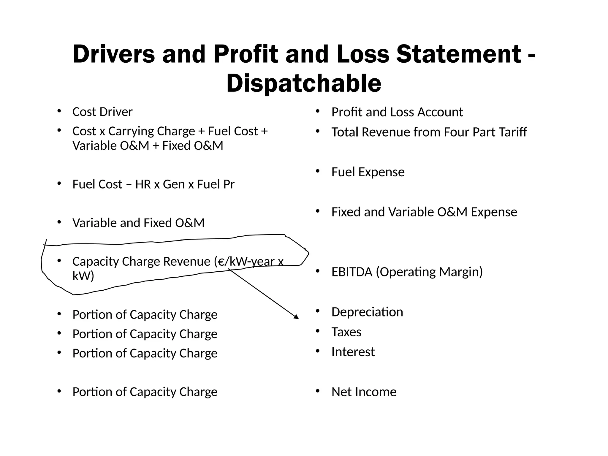 Drivers and Profit and Loss Statement -
Dispatchable
• Cost Driver
• Cost x Carrying Charge + Fuel Cost +
Variable O&M + Fixed O&M
• Fuel Cost – HR x Gen x Fuel Pr
• Variable and Fixed O&M
• Capacity Charge Revenue (€/kW-year x
kW)
• Portion of Capacity Charge
• Portion of Capacity Charge
• Portion of Capacity Charge
• Portion of Capacity Charge
• Profit and Loss Account
• Total Revenue from Four Part Tariff
• Fuel Expense
• Fixed and Variable O&M Expense
• EBITDA (Operating Margin)
• Depreciation
• Taxes
• Interest
• Net Income
 