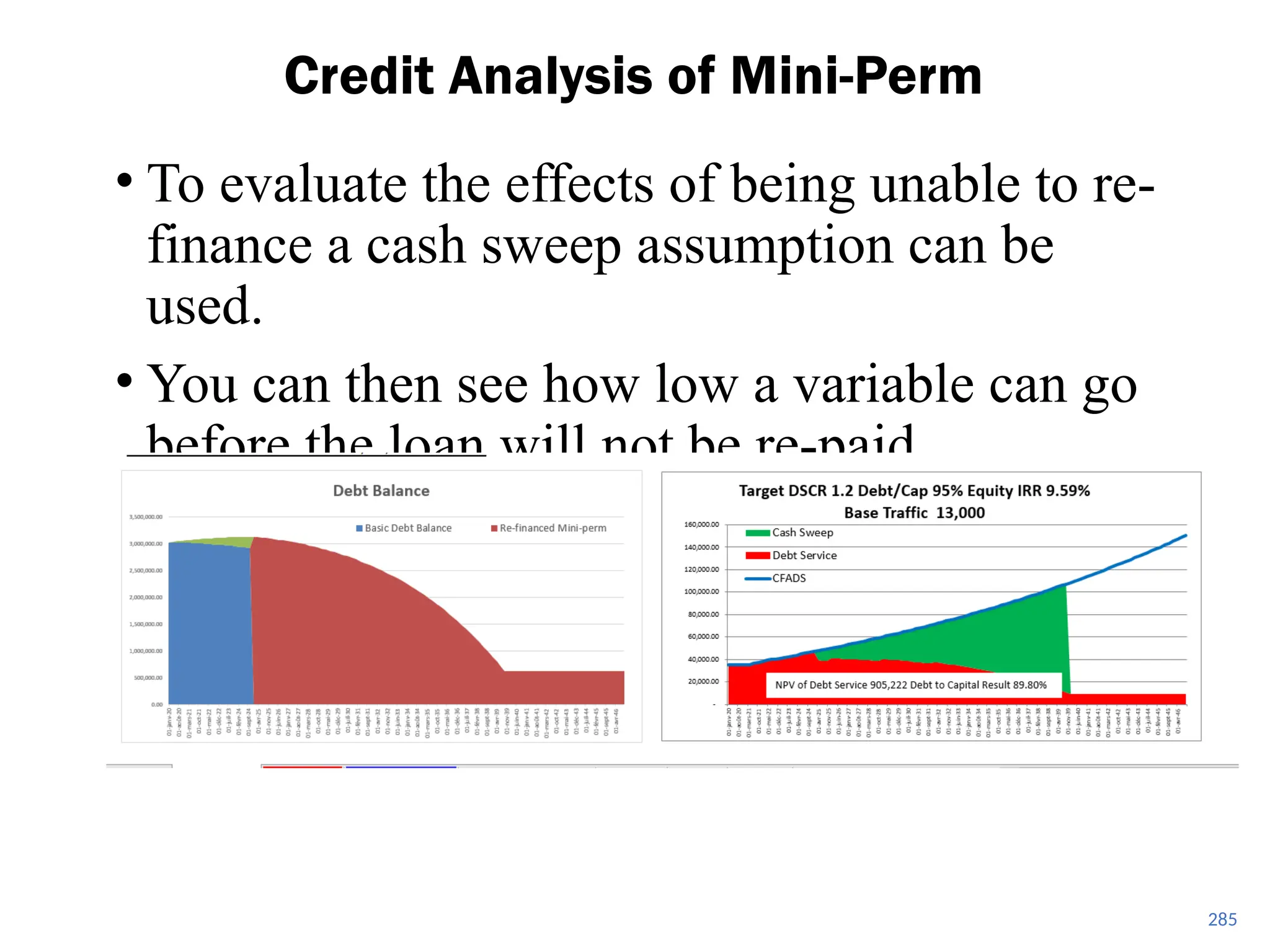 285
Credit Analysis of Mini-Perm
• To evaluate the effects of being unable to re-
finance a cash sweep assumption can be
used.
• You can then see how low a variable can go
before the loan will not be re-paid.
 
