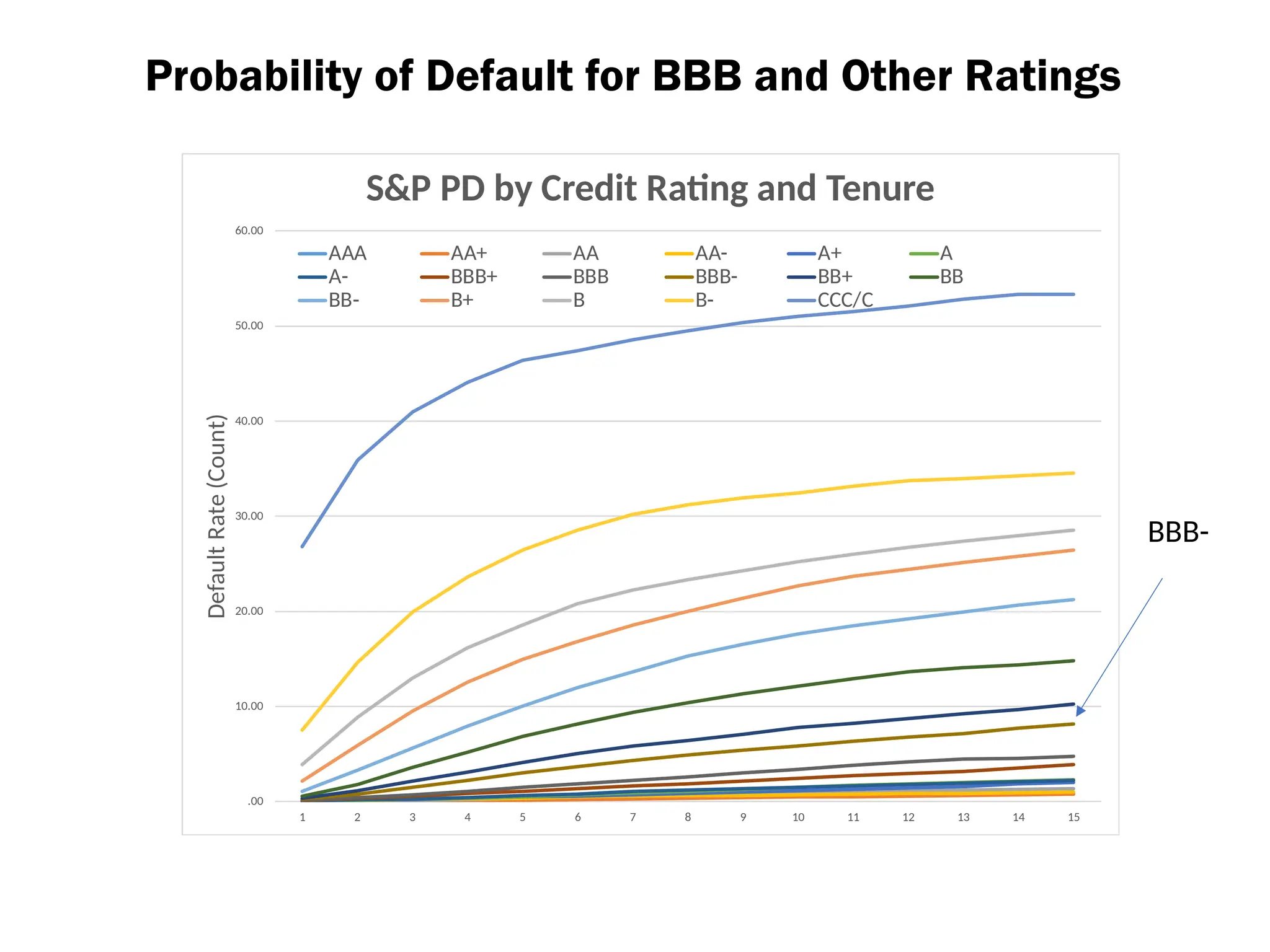 .00
10.00
20.00
30.00
40.00
50.00
60.00
1 2 3 4 5 6 7 8 9 10 11 12 13 14 15
Default
Rate
(Count)
S&P PD by Credit Rating and Tenure
AAA AA+ AA AA- A+ A
A- BBB+ BBB BBB- BB+ BB
BB- B+ B B- CCC/C
Probability of Default for BBB and Other Ratings
BBB-
 