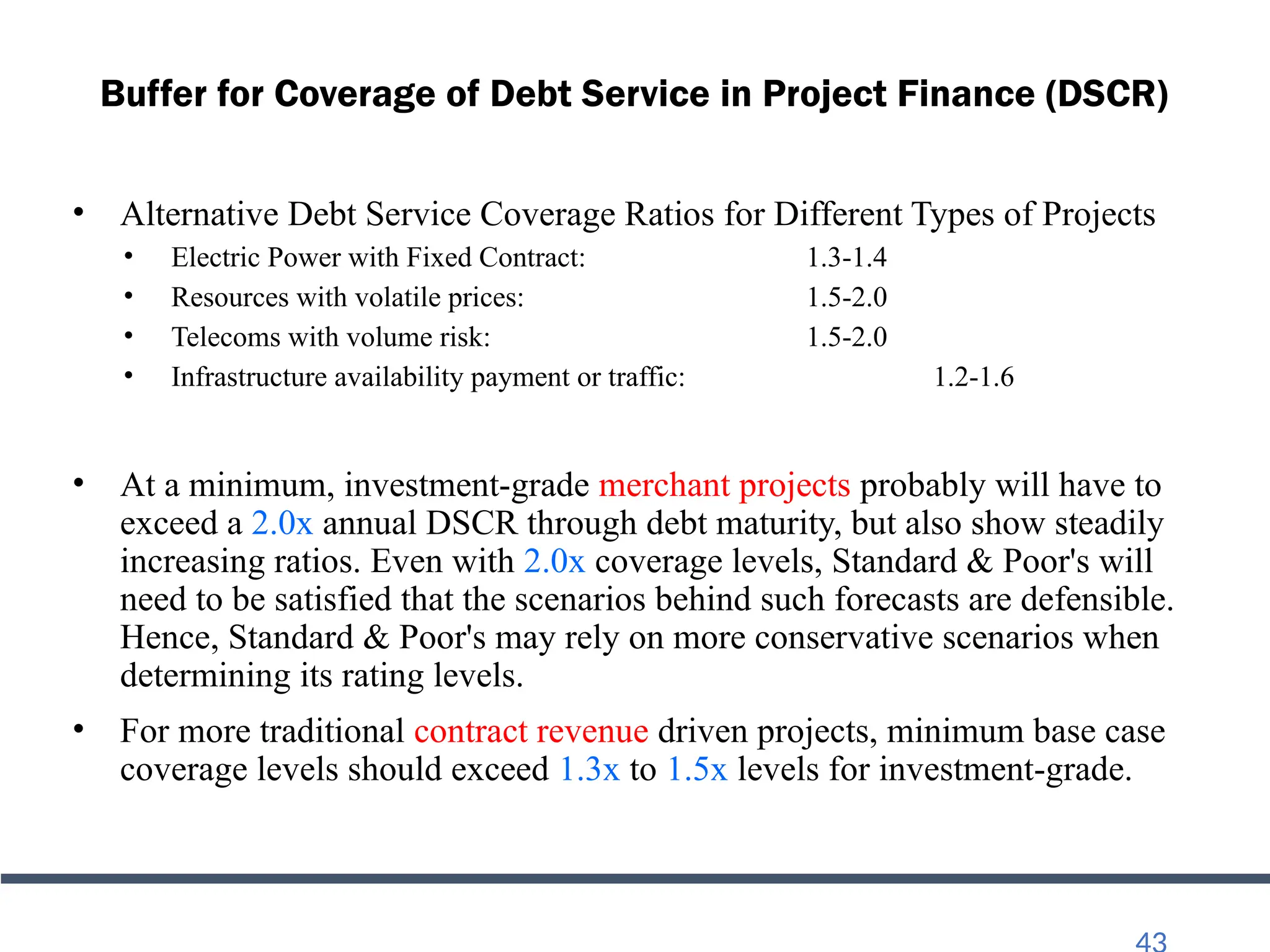 Buffer for Coverage of Debt Service in Project Finance (DSCR)
• Alternative Debt Service Coverage Ratios for Different Types of Projects
• Electric Power with Fixed Contract: 1.3-1.4
• Resources with volatile prices: 1.5-2.0
• Telecoms with volume risk: 1.5-2.0
• Infrastructure availability payment or traffic: 1.2-1.6
• At a minimum, investment-grade merchant projects probably will have to
exceed a 2.0x annual DSCR through debt maturity, but also show steadily
increasing ratios. Even with 2.0x coverage levels, Standard & Poor's will
need to be satisfied that the scenarios behind such forecasts are defensible.
Hence, Standard & Poor's may rely on more conservative scenarios when
determining its rating levels.
• For more traditional contract revenue driven projects, minimum base case
coverage levels should exceed 1.3x to 1.5x levels for investment-grade.
 