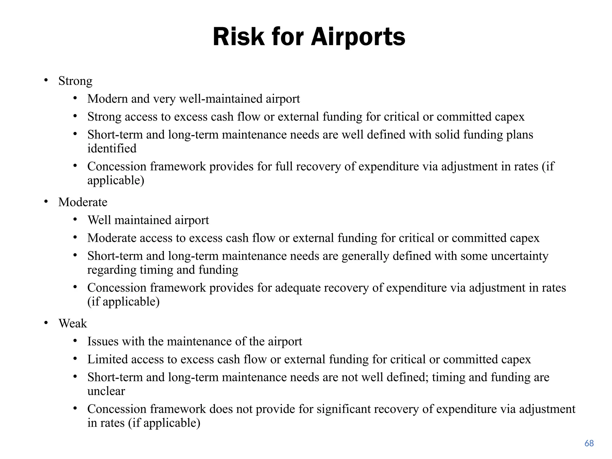 • Strong
• Modern and very well-maintained airport
• Strong access to excess cash flow or external funding for critical or committed capex
• Short-term and long-term maintenance needs are well defined with solid funding plans
identified
• Concession framework provides for full recovery of expenditure via adjustment in rates (if
applicable)
• Moderate
• Well maintained airport
• Moderate access to excess cash flow or external funding for critical or committed capex
• Short-term and long-term maintenance needs are generally defined with some uncertainty
regarding timing and funding
• Concession framework provides for adequate recovery of expenditure via adjustment in rates
(if applicable)
• Weak
• Issues with the maintenance of the airport
• Limited access to excess cash flow or external funding for critical or committed capex
• Short-term and long-term maintenance needs are not well defined; timing and funding are
unclear
• Concession framework does not provide for significant recovery of expenditure via adjustment
in rates (if applicable)
Risk for Airports
68
 