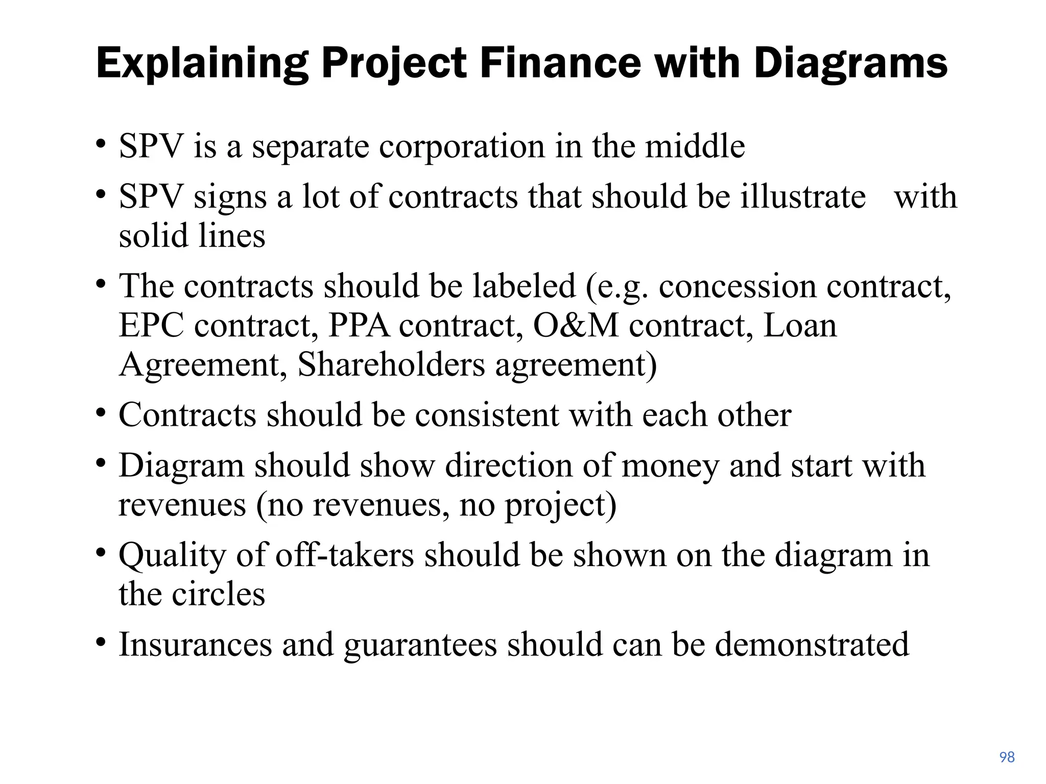 • SPV is a separate corporation in the middle
• SPV signs a lot of contracts that should be illustrate with
solid lines
• The contracts should be labeled (e.g. concession contract,
EPC contract, PPA contract, O&M contract, Loan
Agreement, Shareholders agreement)
• Contracts should be consistent with each other
• Diagram should show direction of money and start with
revenues (no revenues, no project)
• Quality of off-takers should be shown on the diagram in
the circles
• Insurances and guarantees should can be demonstrated
Explaining Project Finance with Diagrams
98
 