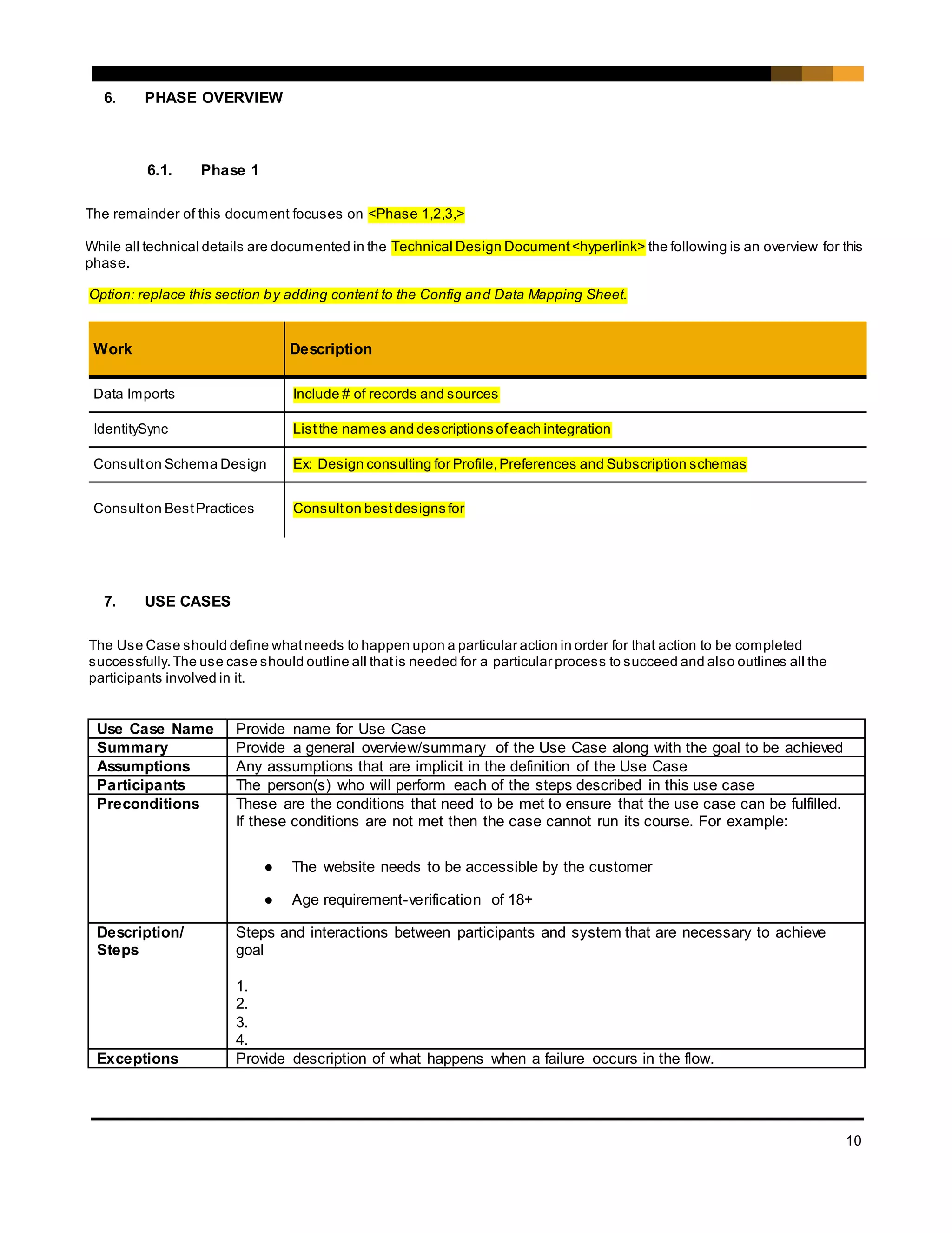 10
6. PHASE OVERVIEW
6.1. Phase 1
The remainder of this document focuses on <Phase 1,2,3,>
While all technical details are documented in the Technical Design Document<hyperlink> the following is an overview for this
phase.
Option: replace this section by adding content to the Config and Data Mapping Sheet.
Work Description
Data Imports Include # of records and sources
IdentitySync Listthe names and descriptions ofeach integration
Consulton Schema Design Ex: Design consulting for Profile,Preferences and Subscription schemas
Consulton BestPractices Consulton bestdesigns for
7. USE CASES
The Use Case should define whatneeds to happen upon a particular action in order for that action to be completed
successfully.The use case should outline all thatis needed for a particular process to succeed and also outlines all the
participants involved in it.
Use Case Name Provide name for Use Case
Summary Provide a general overview/summary of the Use Case along with the goal to be achieved
Assumptions Any assumptions that are implicit in the definition of the Use Case
Participants The person(s) who will perform each of the steps described in this use case
Preconditions These are the conditions that need to be met to ensure that the use case can be fulfilled.
If these conditions are not met then the case cannot run its course. For example:
● The website needs to be accessible by the customer
● Age requirement-verification of 18+
Description/
Steps
Steps and interactions between participants and system that are necessary to achieve
goal
1.
2.
3.
4.
Exceptions Provide description of what happens when a failure occurs in the flow.
 