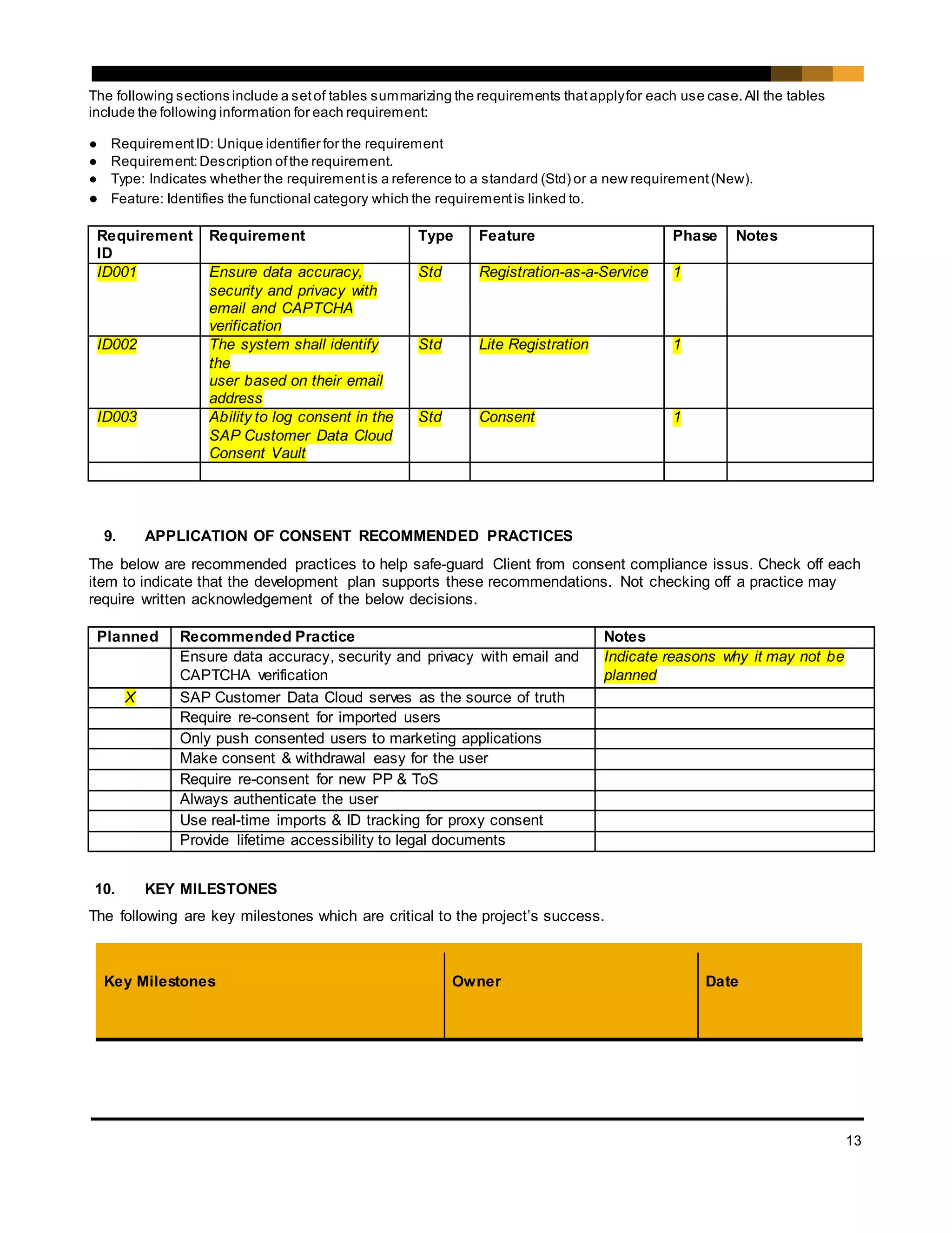 13
The following sections include a setof tables summarizing the requirements thatapplyfor each use case.All the tables
include the following information for each requirement:
● RequirementID: Unique identifier for the requirement
● Requirement:Description ofthe requirement.
● Type: Indicates whether the requirementis a reference to a standard (Std) or a new requirement(New).
● Feature: Identifies the functional category which the requirementis linked to.
Requirement
ID
Requirement Type Feature Phase Notes
ID001 Ensure data accuracy,
security and privacy with
email and CAPTCHA
verification
Std Registration-as-a-Service 1
ID002 The system shall identify
the
user based on their email
address
Std Lite Registration 1
ID003 Ability to log consent in the
SAP Customer Data Cloud
Consent Vault
Std Consent 1
9. APPLICATION OF CONSENT RECOMMENDED PRACTICES
The below are recommended practices to help safe-guard Client from consent compliance issus. Check off each
item to indicate that the development plan supports these recommendations. Not checking off a practice may
require written acknowledgement of the below decisions.
Planned Recommended Practice Notes
Ensure data accuracy, security and privacy with email and
CAPTCHA verification
Indicate reasons why it may not be
planned
X SAP Customer Data Cloud serves as the source of truth
Require re-consent for imported users
Only push consented users to marketing applications
Make consent & withdrawal easy for the user
Require re-consent for new PP & ToS
Always authenticate the user
Use real-time imports & ID tracking for proxy consent
Provide lifetime accessibility to legal documents
10. KEY MILESTONES
The following are key milestones which are critical to the project’s success.
Key Milestones Owner Date
 