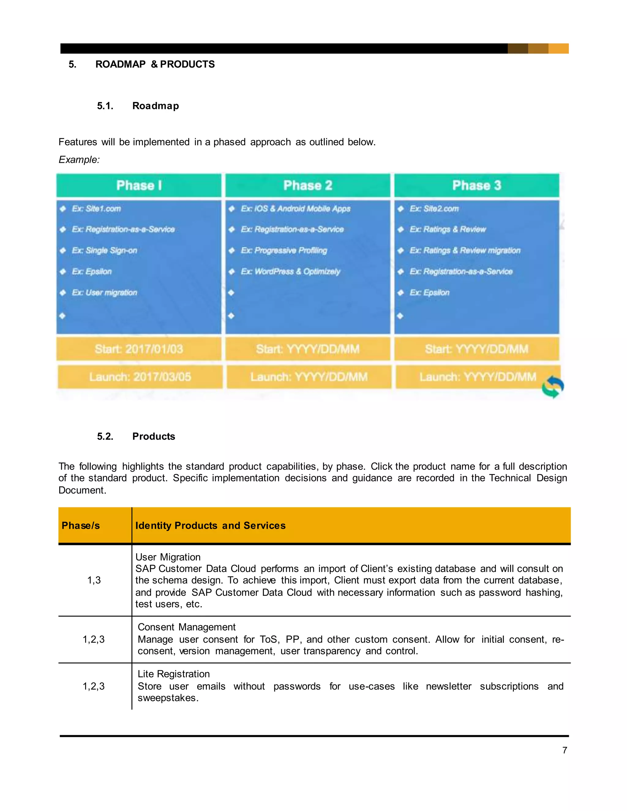 7
5. ROADMAP & PRODUCTS
5.1. Roadmap
Features will be implemented in a phased approach as outlined below.
Example:
5.2. Products
The following highlights the standard product capabilities, by phase. Click the product name for a full description
of the standard product. Specific implementation decisions and guidance are recorded in the Technical Design
Document.
Phase/s Identity Products and Services
1,3
User Migration
SAP Customer Data Cloud performs an import of Client’s existing database and will consult on
the schema design. To achieve this import, Client must export data from the current database,
and provide SAP Customer Data Cloud with necessary information such as password hashing,
test users, etc.
1,2,3
Consent Management
Manage user consent for ToS, PP, and other custom consent. Allow for initial consent, re-
consent, version management, user transparency and control.
1,2,3
Lite Registration
Store user emails without passwords for use-cases like newsletter subscriptions and
sweepstakes.
 
