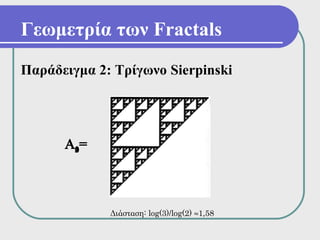 Γεωμετρία των Fractals
Παράδειγμα 2: Τρίγωνο Sierpinski




      Α2=
       3
       1
       5
       0
       8
       7
       6
       4




             Διάσταση: log(3)/log(2) ≈1,58
 