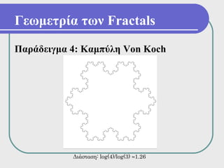 Γεωμετρία των Fractals
Παράδειγμα 4: Καμπύλη Von Koch




           Διάσταση: log(4)/log(3) ≈1.26
 