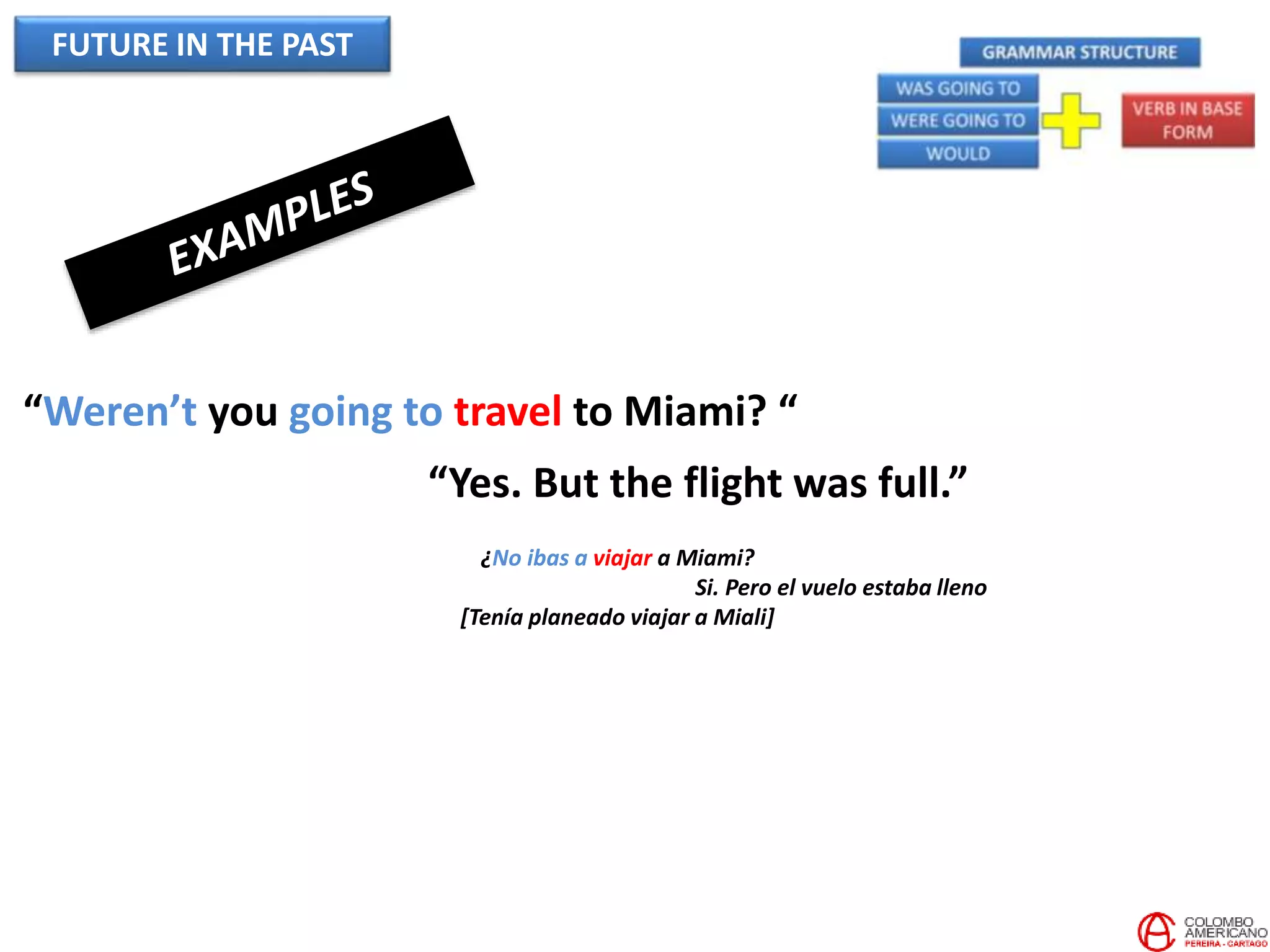 FUTURE IN THE PAST
“Weren’t you going to travel to Miami? “
“Yes. But the flight was full.”
¿No ibas a viajar a Miami?
Si. Pero el vuelo estaba lleno
[Tenía planeado viajar a Miali]
 