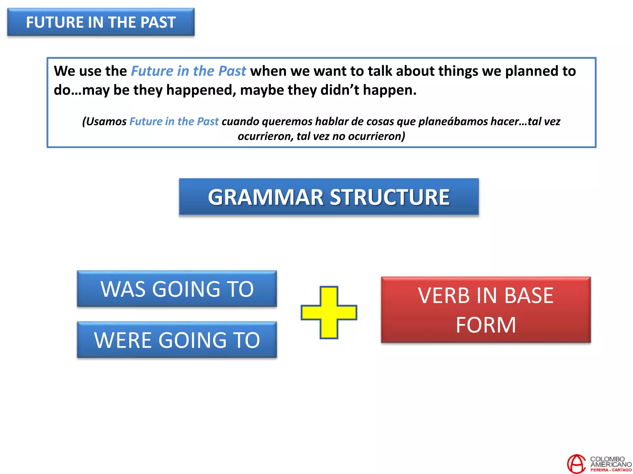 FUTURE IN THE PAST
We use the Future in the Past when we want to talk about things we planned to
do…may be they happened, maybe they didn’t happen.
(Usamos Future in the Past cuando queremos hablar de cosas que planeábamos hacer…tal vez
ocurrieron, tal vez no ocurrieron)
GRAMMAR STRUCTURE
WAS GOING TO
WERE GOING TO
VERB IN BASE
FORM
 