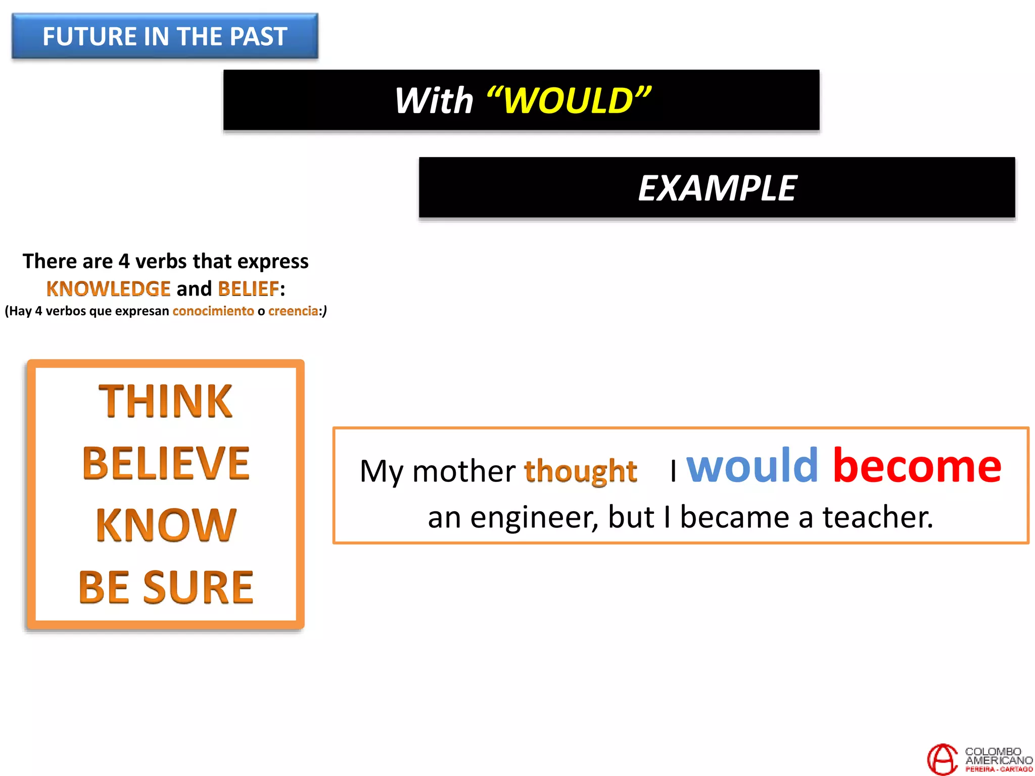 FUTURE IN THE PAST
With “WOULD”
There are 4 verbs that express
and :
(Hay 4 verbos que expresan o :)
My mother I would become
an engineer, but I became a teacher.
EXAMPLE
 