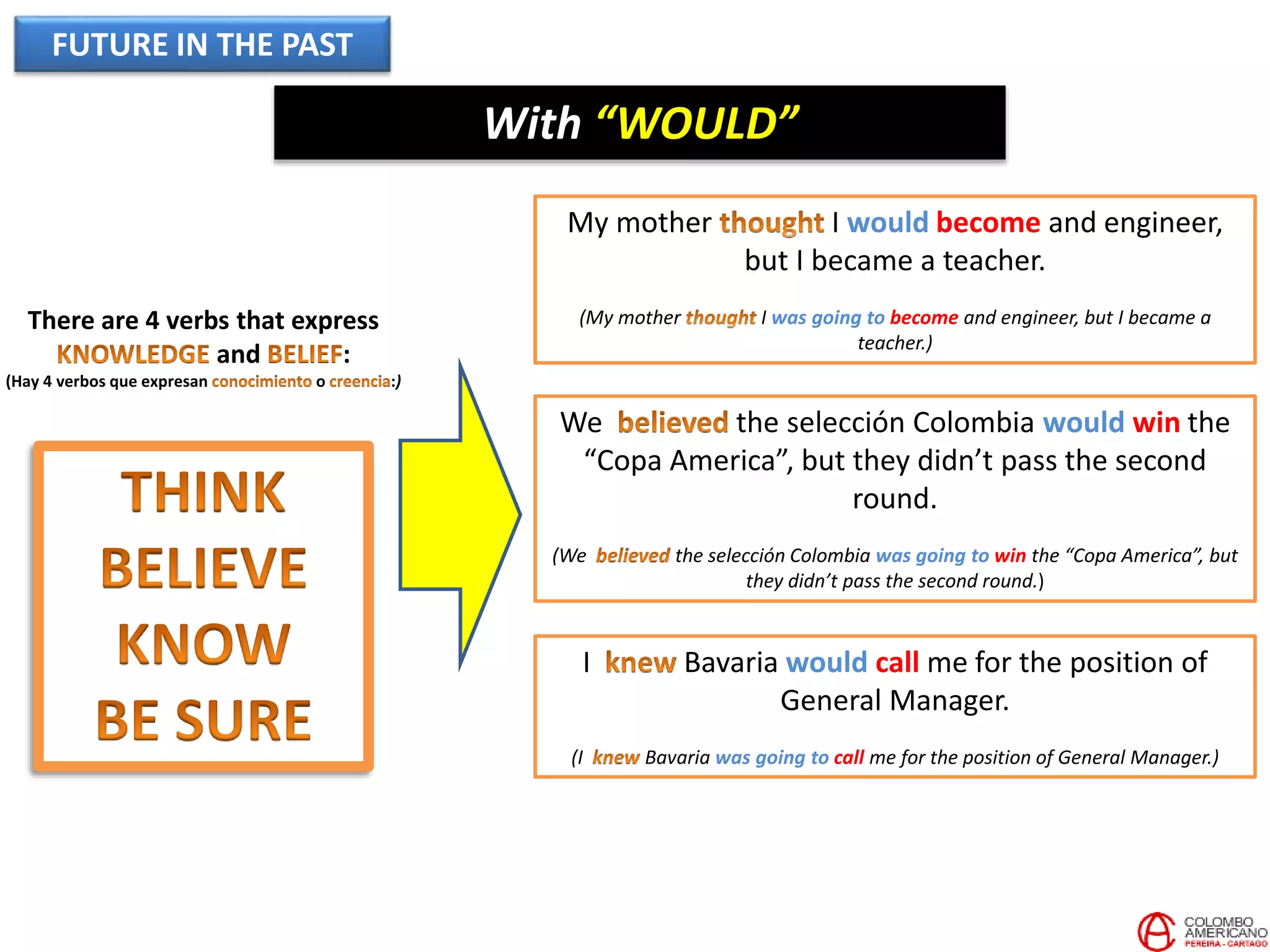 FUTURE IN THE PAST
With “WOULD”
There are 4 verbs that express
and :
(Hay 4 verbos que expresan o :)
My mother I would become and engineer,
but I became a teacher.
(My mother I was going to become and engineer, but I became a
teacher.)
We the selección Colombia would win the
“Copa America”, but they didn’t pass the second
round.
(We the selección Colombia was going to win the “Copa America”, but
they didn’t pass the second round.)
I Bavaria would call me for the position of
General Manager.
(I Bavaria was going to call me for the position of General Manager.)
 