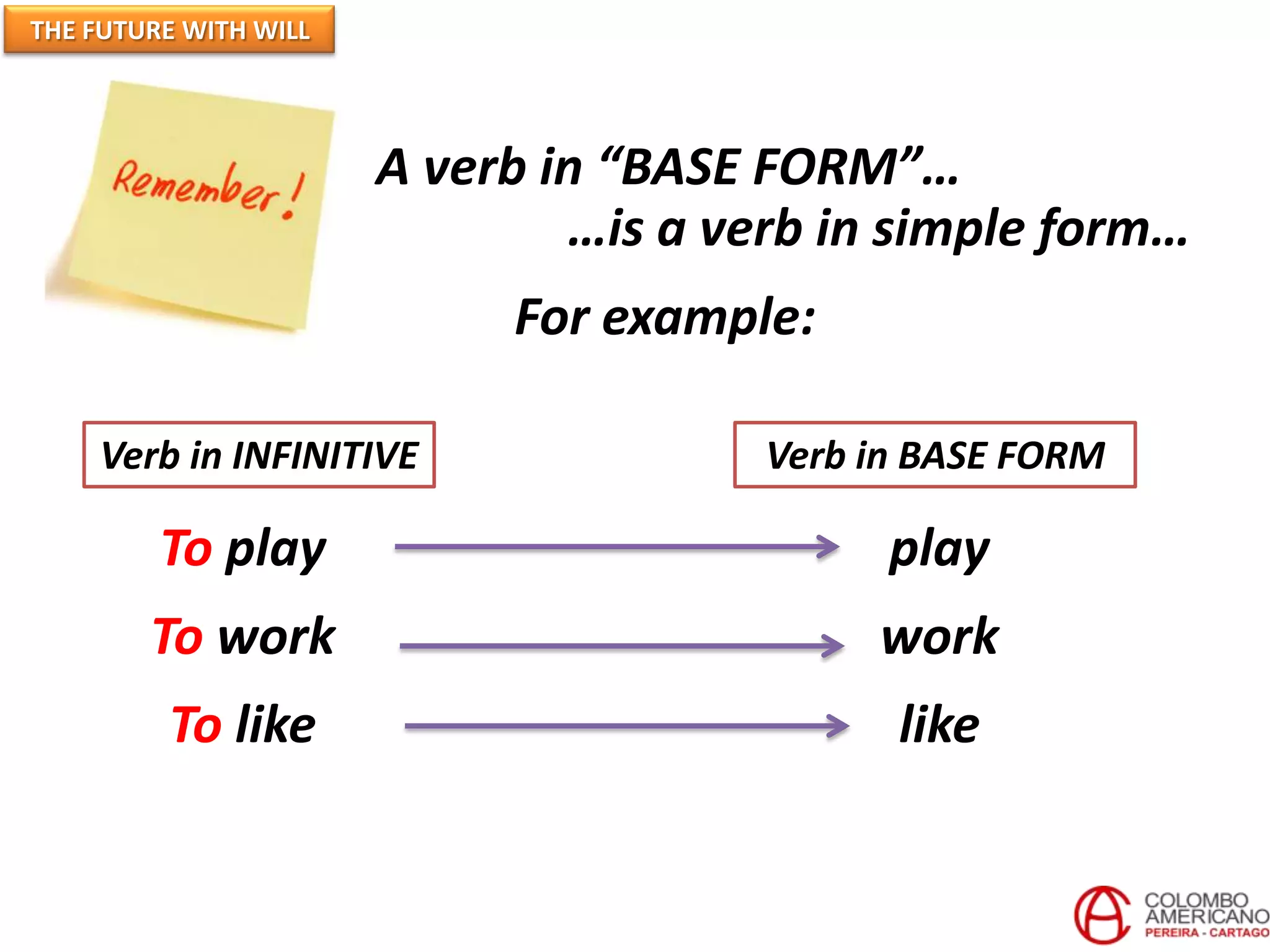 THE FUTURE WITH WILL




                       A verb in “BASE FORM”…
                               …is a verb in simple form…
                            For example:

    Verb in INFINITIVE                 Verb in BASE FORM

         To play                             play
        To work                             work
         To like                             like
 