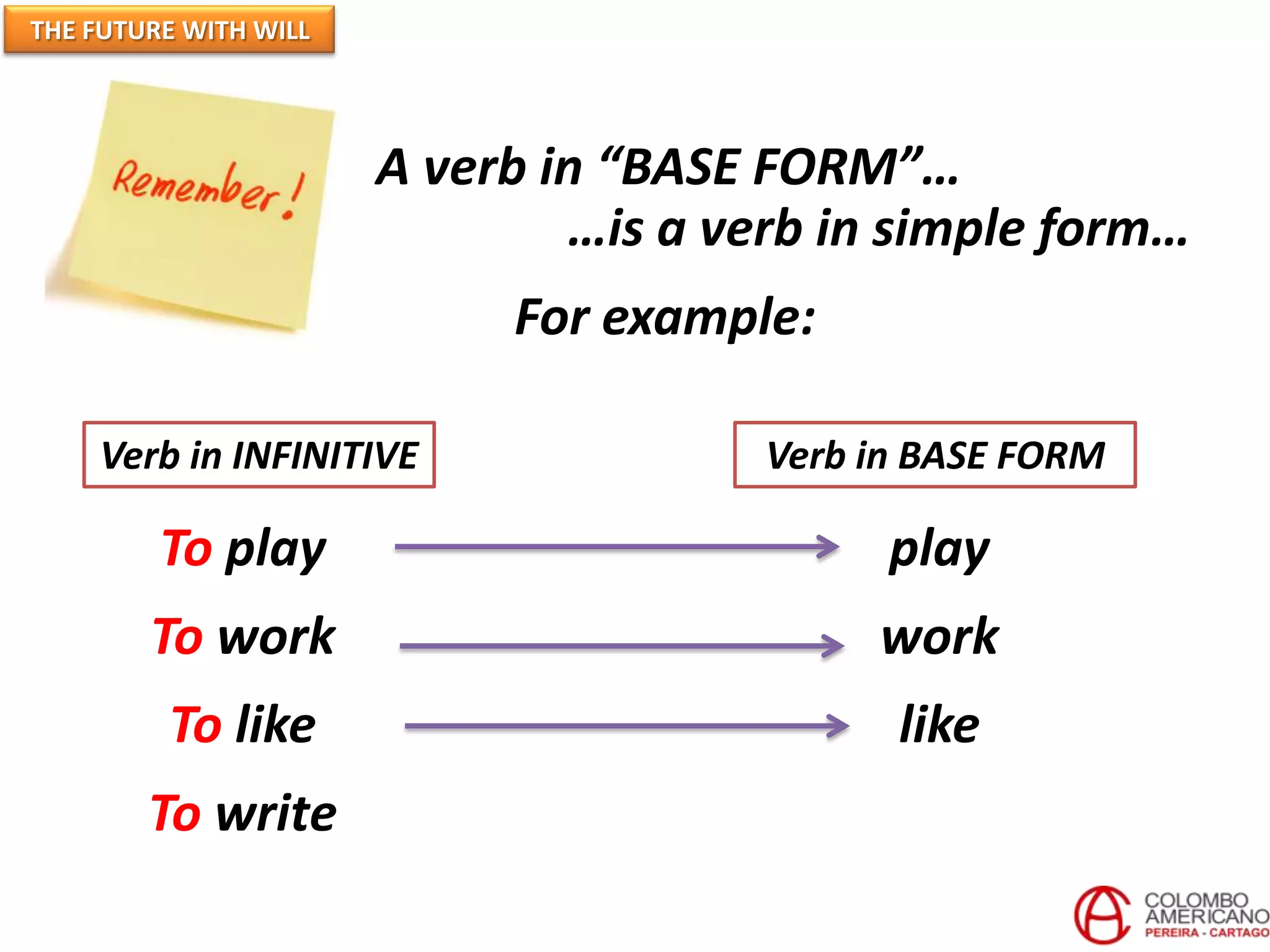 THE FUTURE WITH WILL




                       A verb in “BASE FORM”…
                               …is a verb in simple form…
                            For example:

    Verb in INFINITIVE                 Verb in BASE FORM

         To play                             play
        To work                             work
         To like                             like
        To write
 