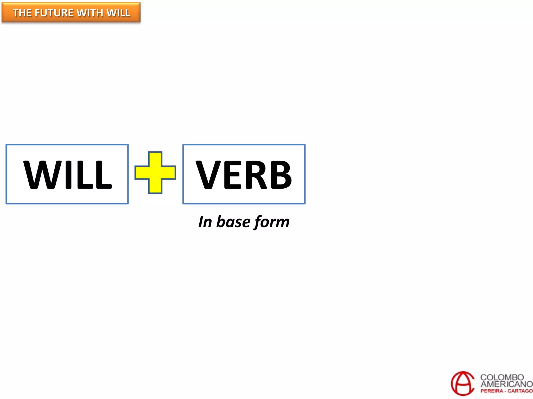 THE FUTURE WITH WILL




 WILL                  VERB
                       In base form
 