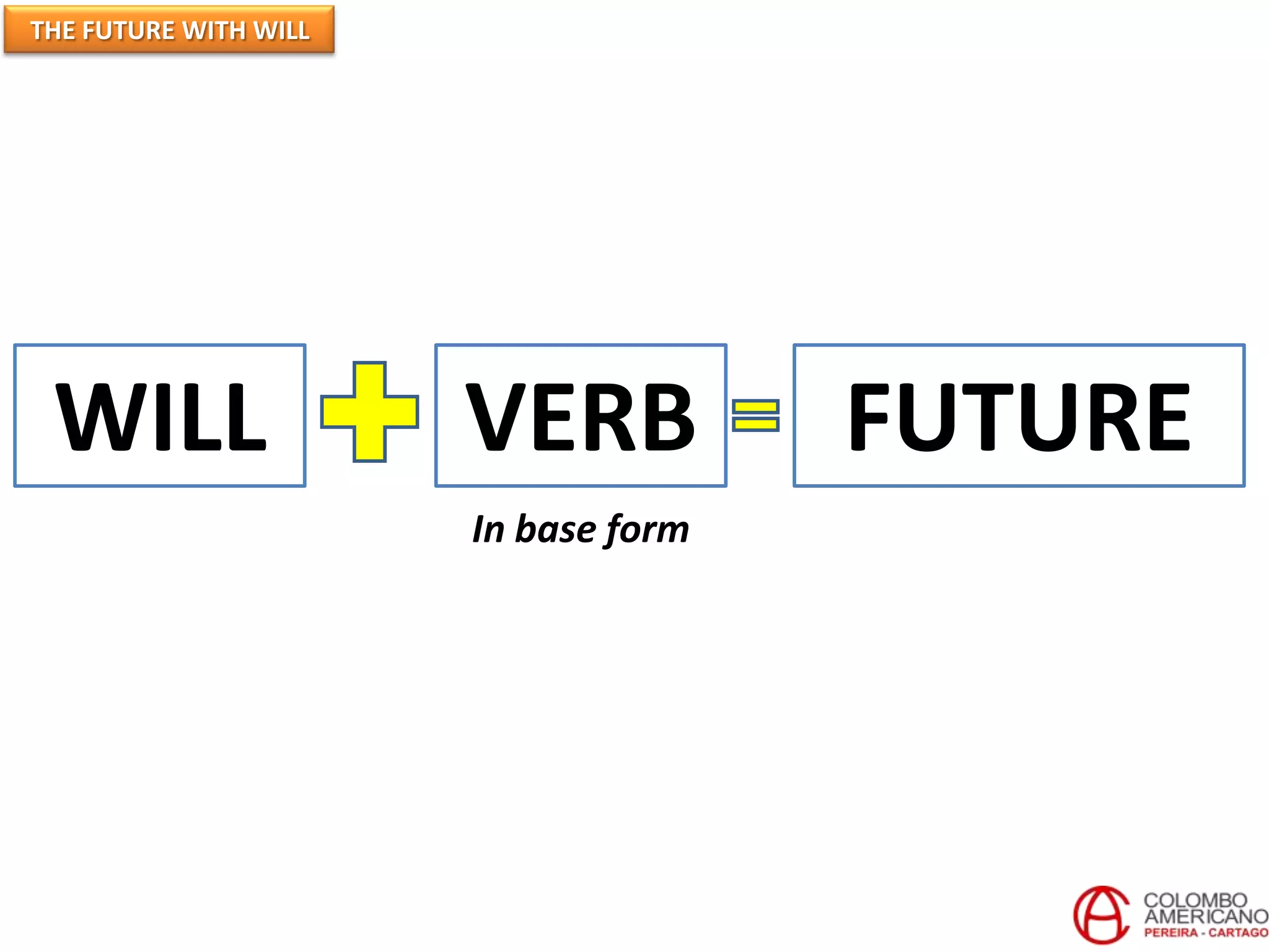 THE FUTURE WITH WILL




 WILL                  VERB           FUTURE
                       In base form
 