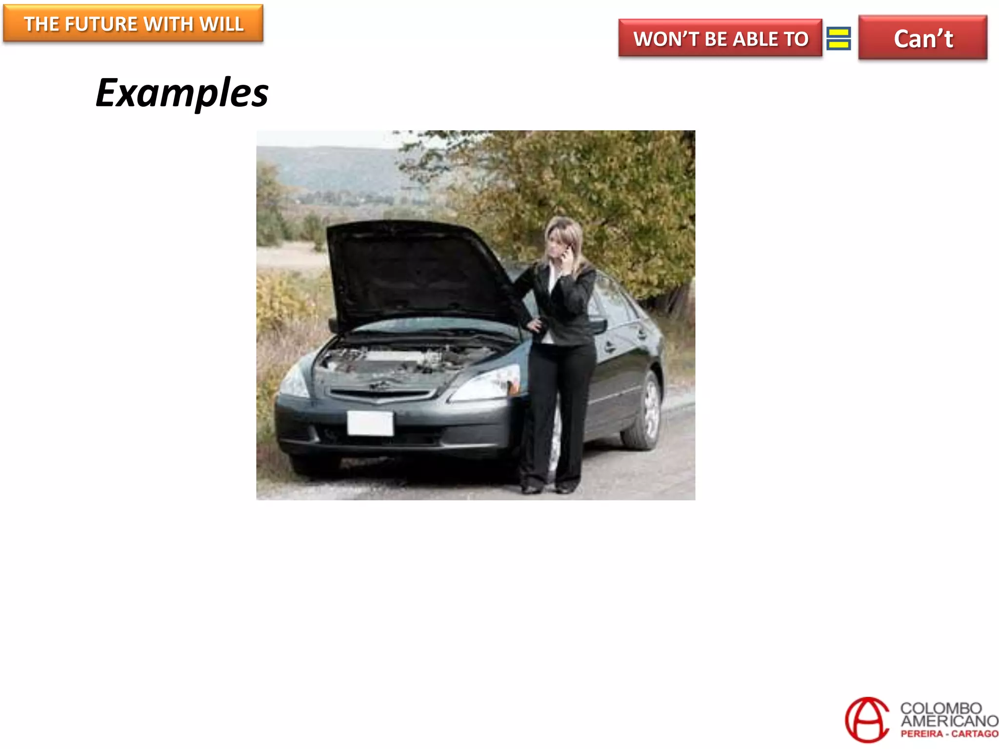 THE FUTURE WITH WILL
                       WON’T BE ABLE TO   Can’t

      Examples
 