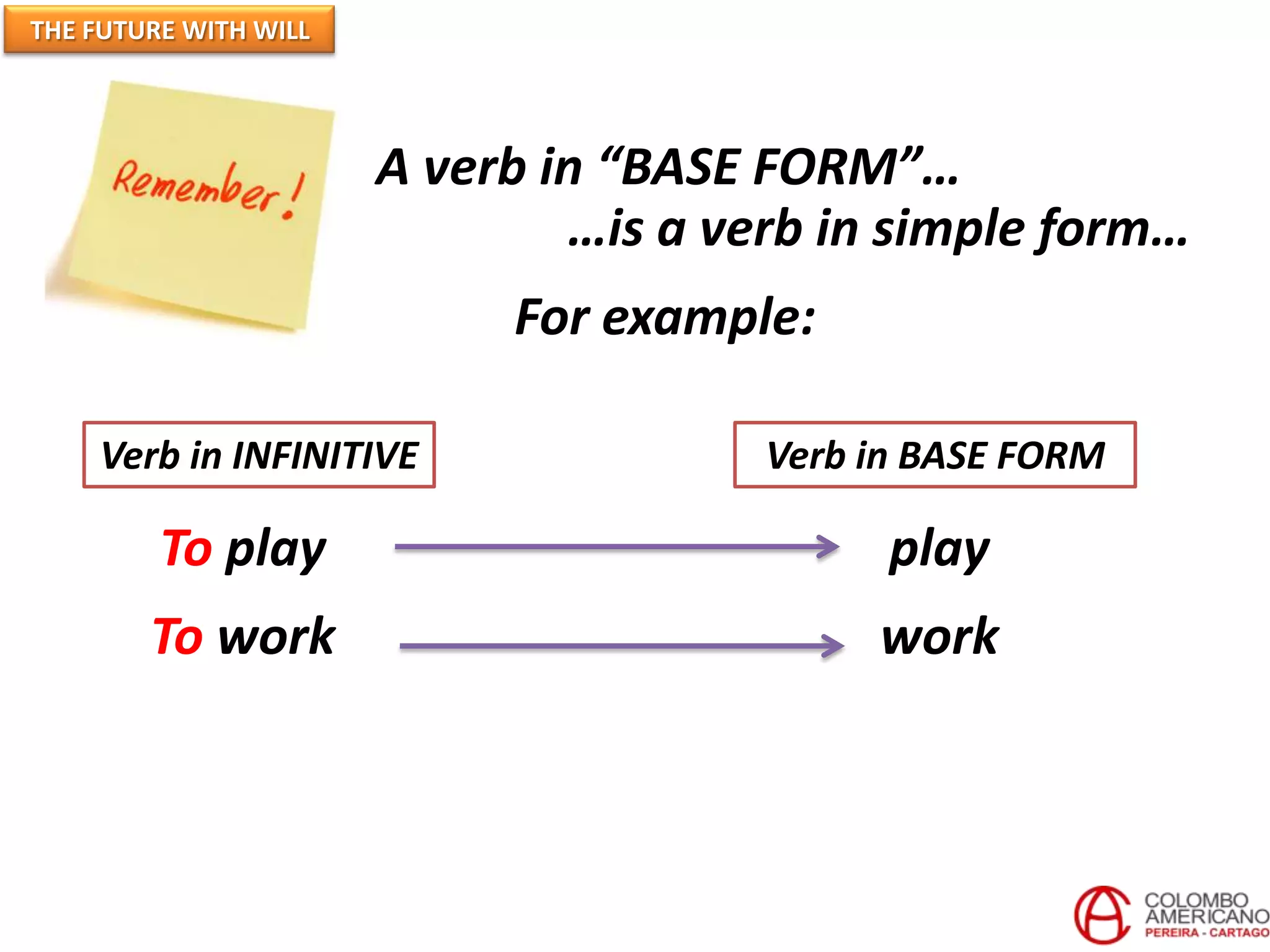 A verb in “BASE FORM”…
…is a verb in simple form…
For example:
Verb in INFINITIVE Verb in BASE FORM
To play play
To work work
THE FUTURE WITH WILL
 