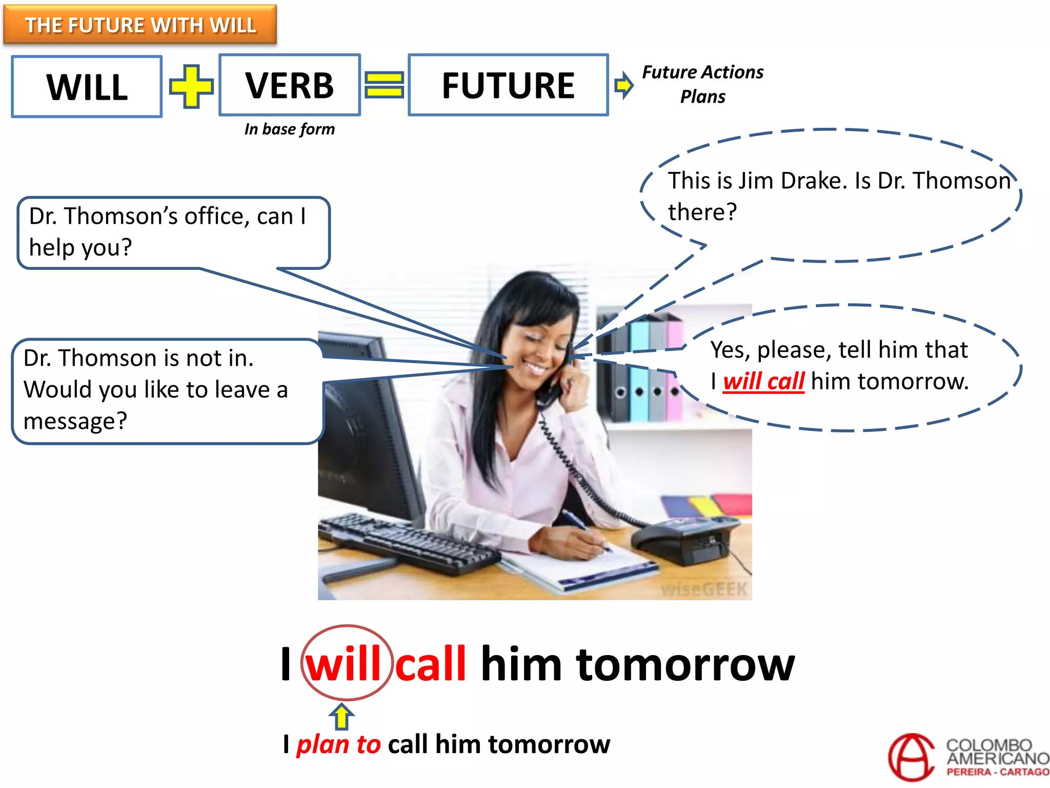 THE FUTURE WITH WILL
WILL VERB FUTURE
In base form
This is Jim Drake. Is Dr. Thomson
there?
Dr. Thomson is not in.
Would you like to leave a
message?
Yes, please, tell him that
I will call him tomorrow.
Dr. Thomson’s office, can I
help you?
I will call him tomorrow
I plan to call him tomorrow
Future Actions
Plans
 