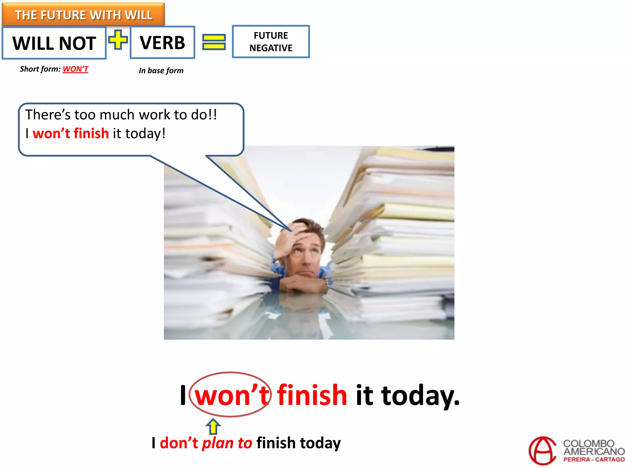 THE FUTURE WITH WILL
WILL NOT VERB
In base form
FUTURE
NEGATIVE
Short form: WON’T
There’s too much work to do!!
I won’t finish it today!
I won’t finish it today.
I don’t plan to finish today
 
