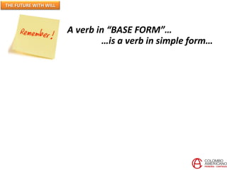 A verb in “BASE FORM”…
…is a verb in simple form…
THE FUTURE WITH WILL
 